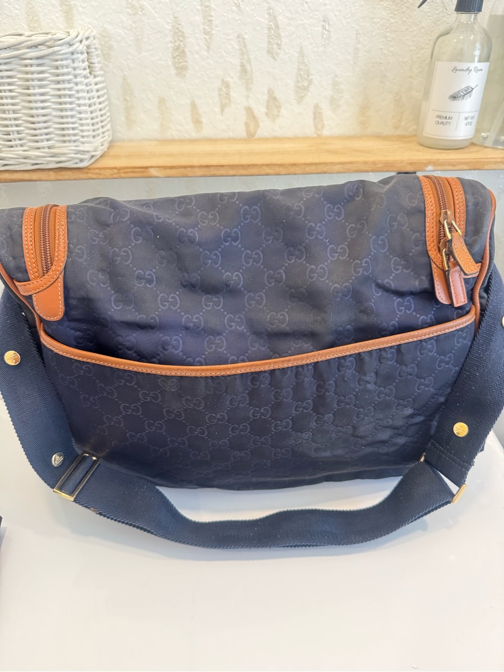 Gucci Navy Guccisima Diaper Bag with Tan Leather Trim & Changing Pad